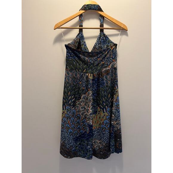 Christina Love Halter Dress Abstract Peacock Print Size Medium JL - Picture 5 of 8